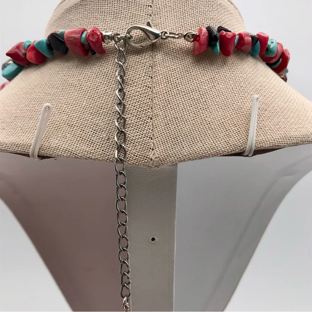 Southwestern Faux Turquoise Faux Bamboo Coral Stone Chip Collar Necklace 17” - Picture 17 of 17